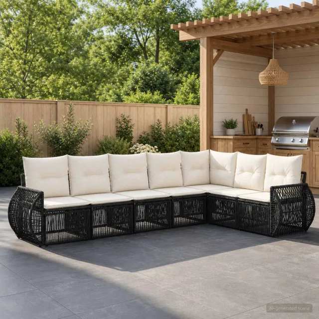 vidaXL Tuinbankenset 7 st 7-zits Zwart en Cream Wit poly rattan, foto 2
