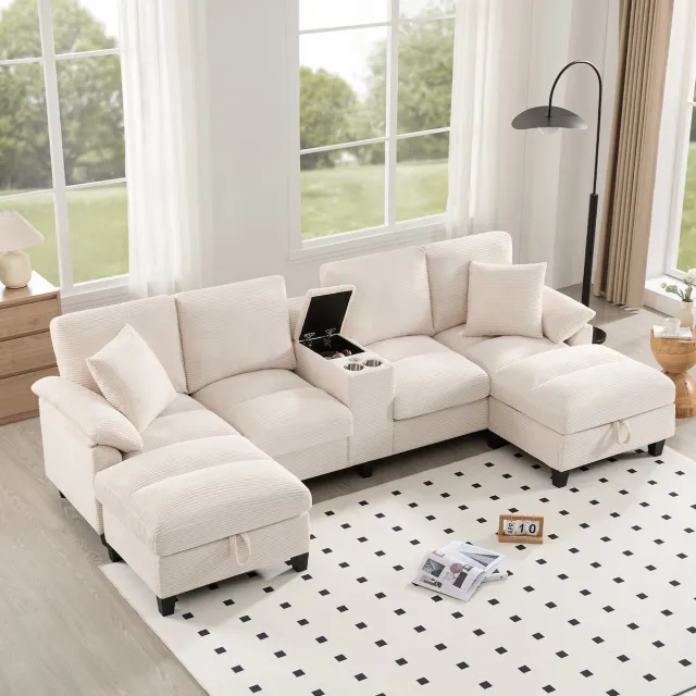 Gutent Bank Ruime U-vormige bank voor 4 personen met opbergruimte, extra grote corduroy bekleding en kussens, roestvrijstalen bekerhouders en twee USB-poorten, geschikt voor woonkamers, slaapkamers en appartementen. Beige