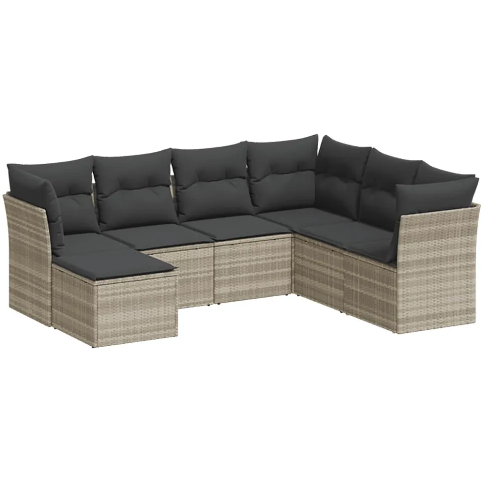 vidaXL 7-delige Loungeset met kussens poly rattan lichtgrijs grijs, foto 3