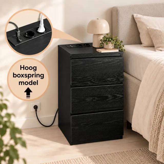 Casamoda Extra Hoog Nachtkastje voor Boxspring - H70 x B40 x D35 cm - 3 Lades - Stopcontact met 1x USB-C en 1x USB-A - Draagkracht 45 kg - Moderne Bijzettafel - Zwart