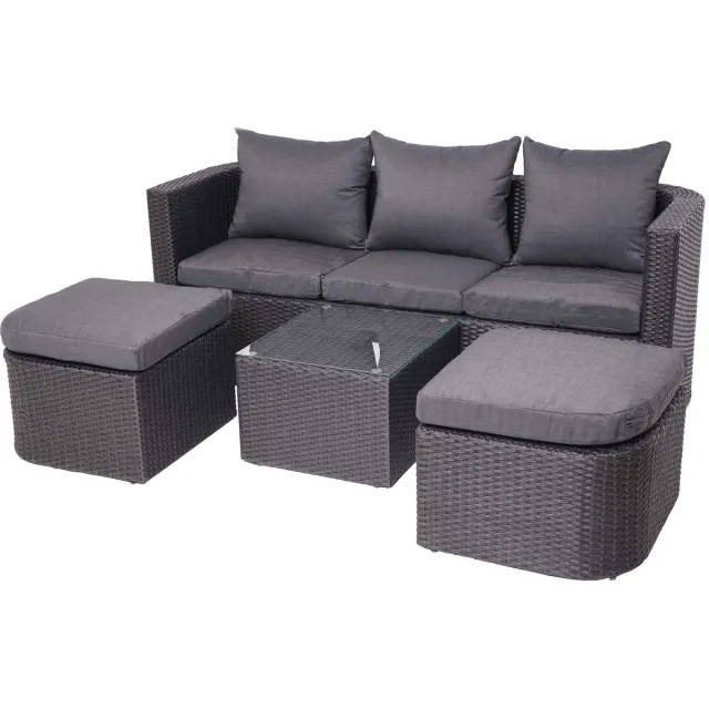MCW 3in1 set MCW-J37, tuin/loungeset zonne-eiland, gesponnen poly rotan MVG ~ antraciet, donkergrijze kussens