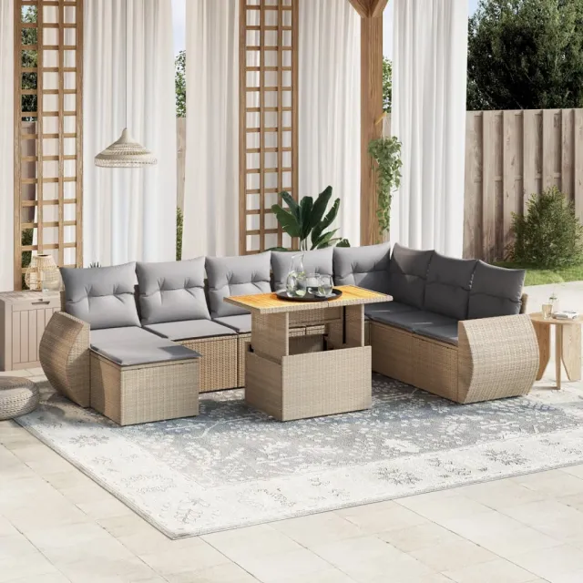 vidaXL 9-delige Loungeset met kussens poly rattan beige, foto 2