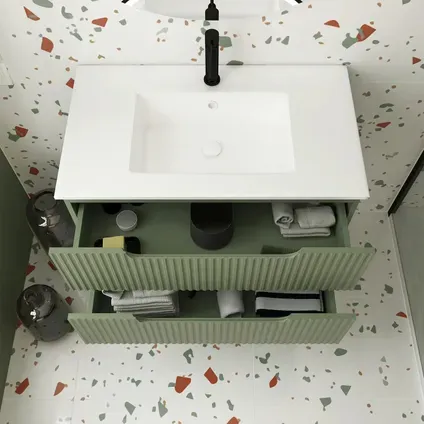 Aurlane Wastafelonderkast Emilien 50cm - Olijfgroen Mat - Met 2 Lades - Met Mat Witte Wastafel, foto 4