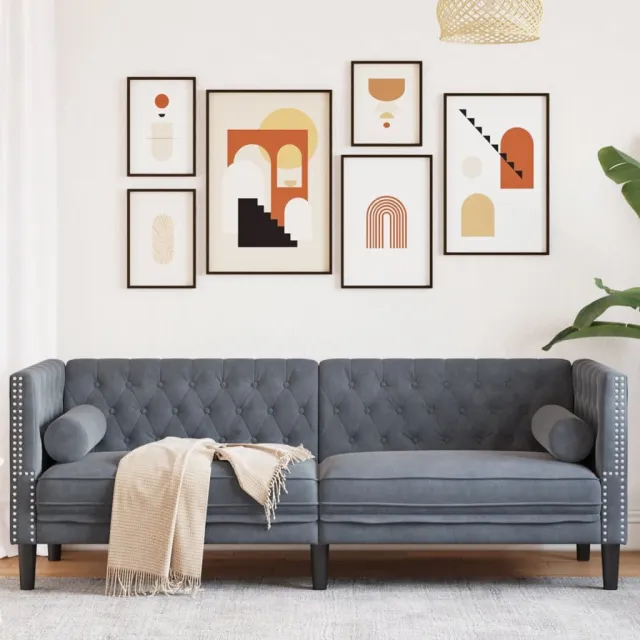 vidaXL Driezitsbank Chesterfield-stijl en bolsters fluweel donkergrijs