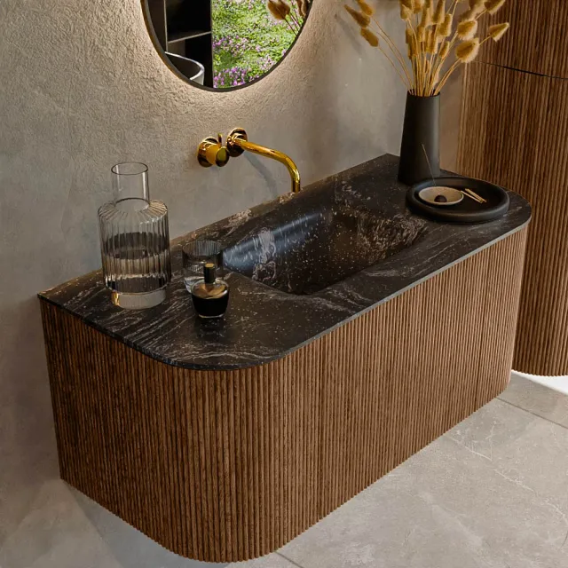Mondiaz KURVE-DLUX 100 cm Onderkast Greeploos 1 Lade Met Deuren Walnut, Wastafel Solid Surface MIdden Lava 1 Kraangat Zonder Spiegel (KRVGRU100L+R1L2D1KM-Wal/Lav)