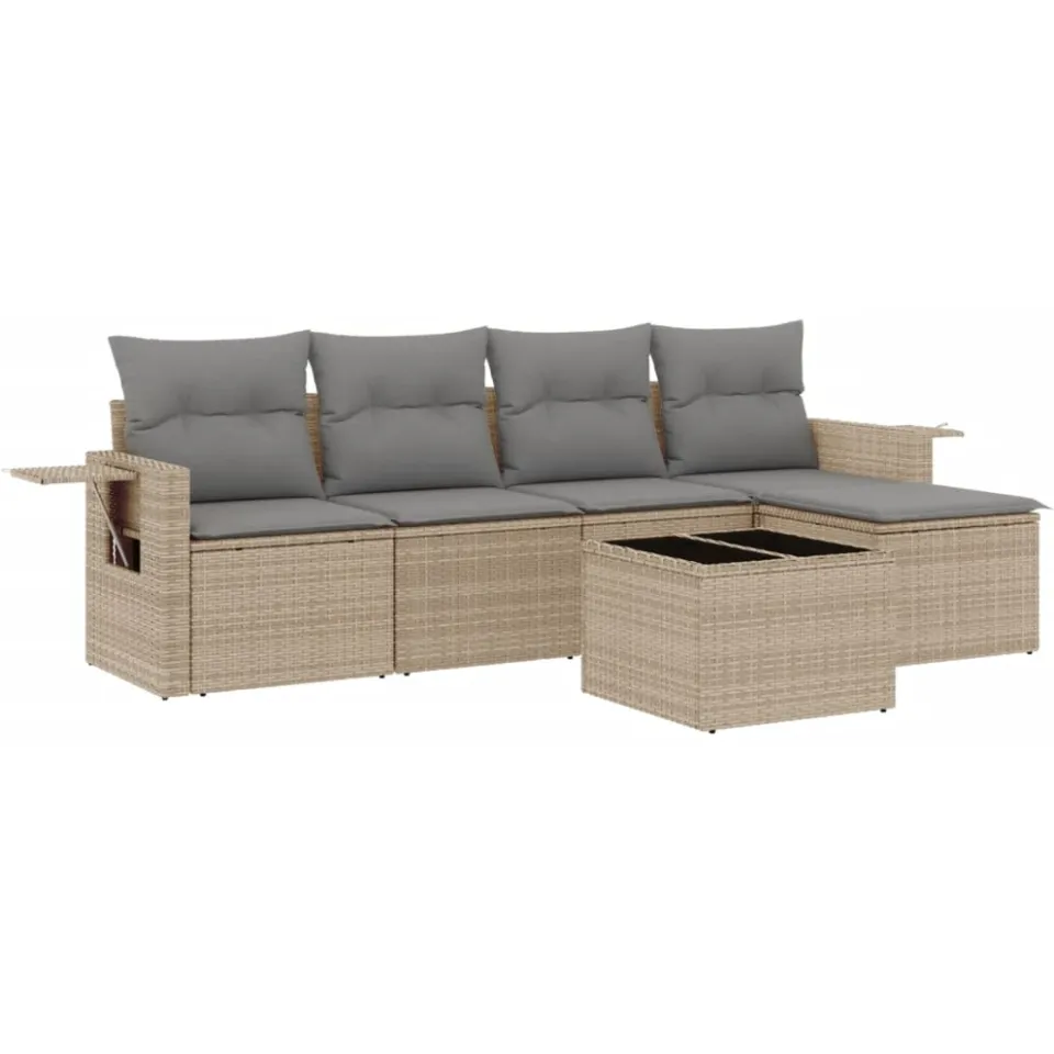 vidaXL 6-delige Loungeset met kussens poly rattan beige