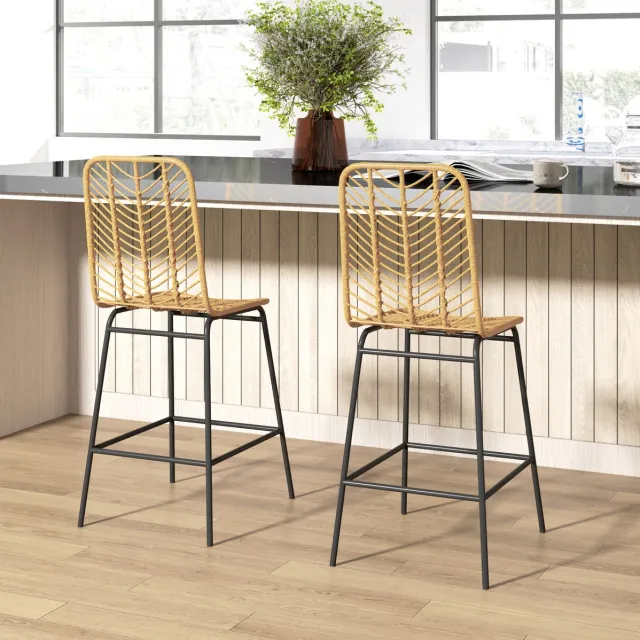 OKWISH Barkruk Set van 2 - Met Rugleuning en Voetensteun - Boho Design Voor Keukenbar en Eiland - Rotan - Geel en Zwart Yellow