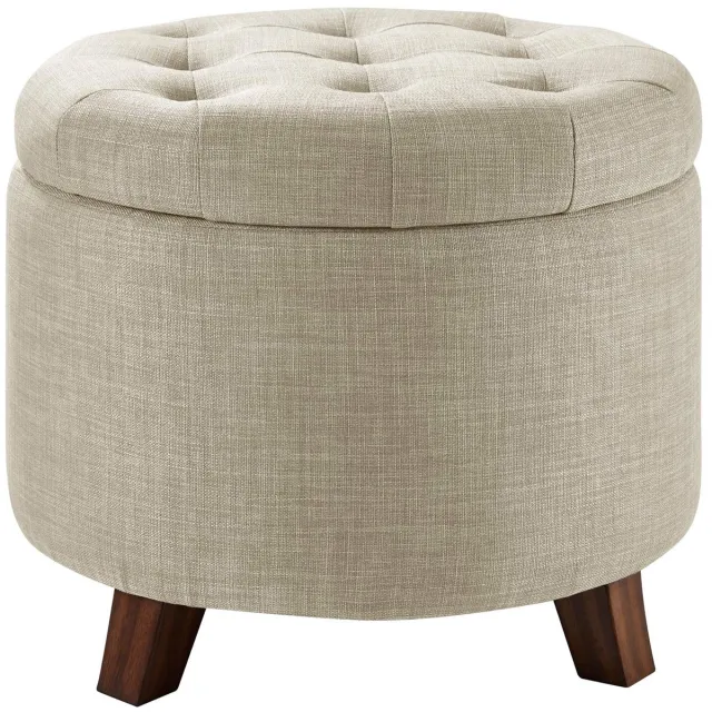 Famanu Poef met opbergruimte, rond, linnen, gewatteerd en getuft, 43 cm hoog, jute-beige