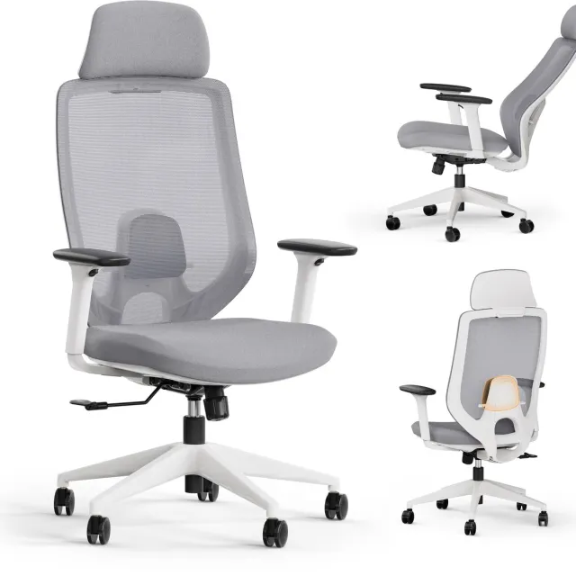 SENSE7 Nakai Ergonomische Bureaustoel - 3D-Armleuningen - Verstelbare Rugleuning & Hoogte - Stille Wielen - Wit/Grijs Wit-grijs