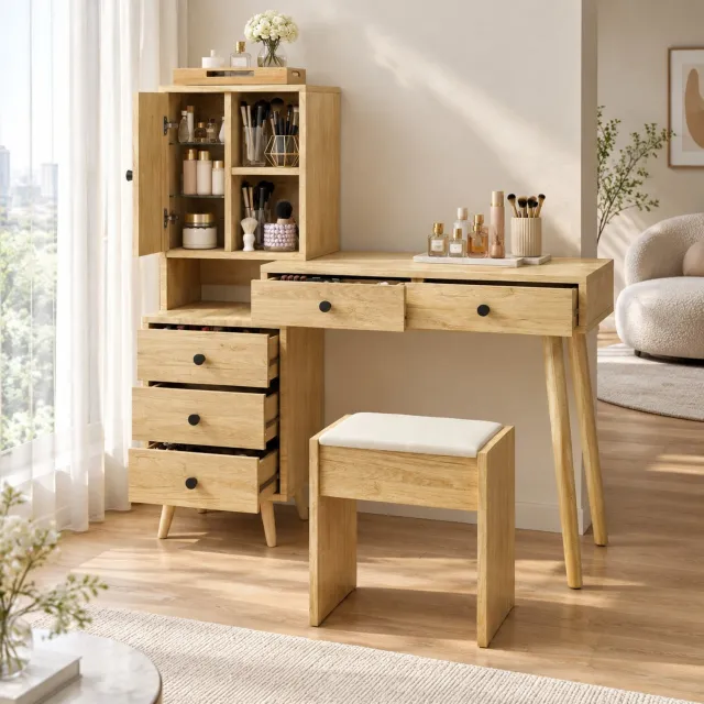 Wishdor Kaptafel met uitschuifbaar tafelblad - Uittrekbare spiegel en 5 lades - Meerlaags zijkastje - Inclusief gestoffeerde kruk - Moderne Scandinavische stijl - Slaapkamer - Houtlook - Naturel en beige