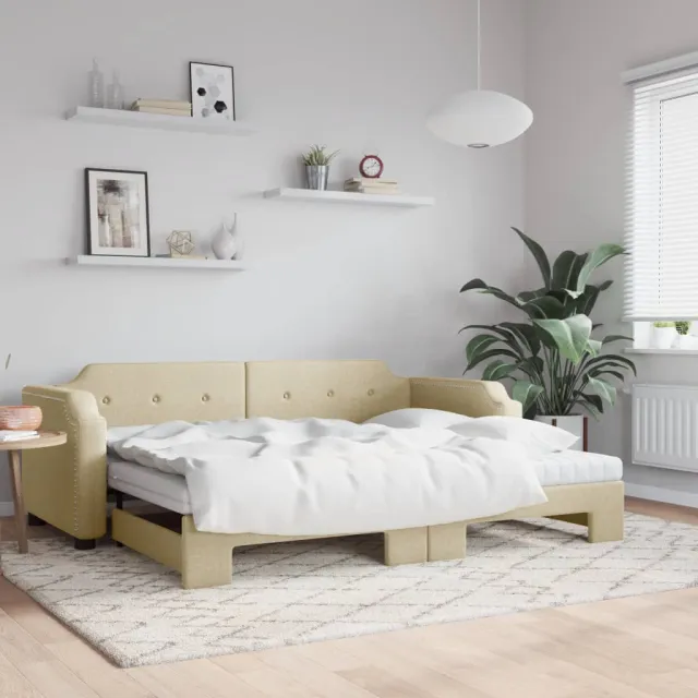 vidaXL Slaapbank met onderschuifbed en matrassen 100x200 cm stof crème