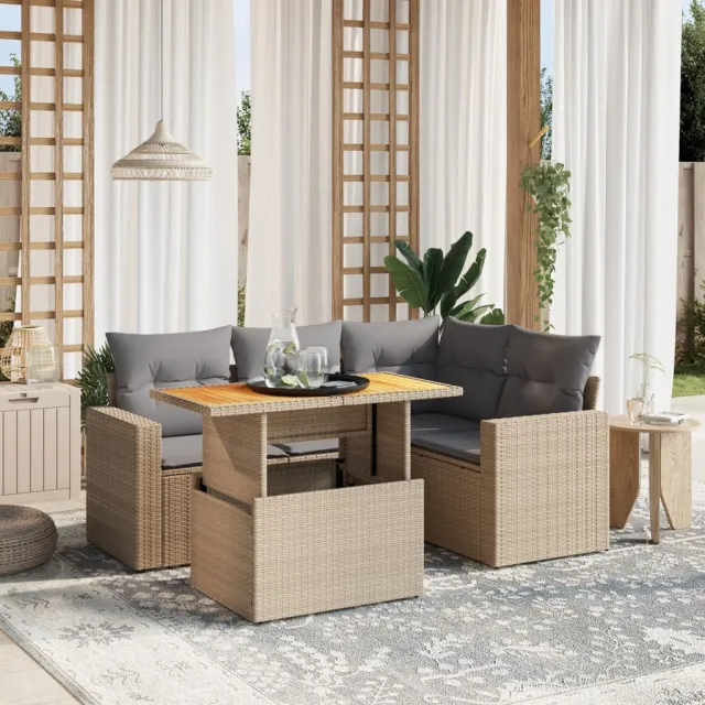 vidaXL 5-delige Loungeset met kussens poly rattan beige, foto 2