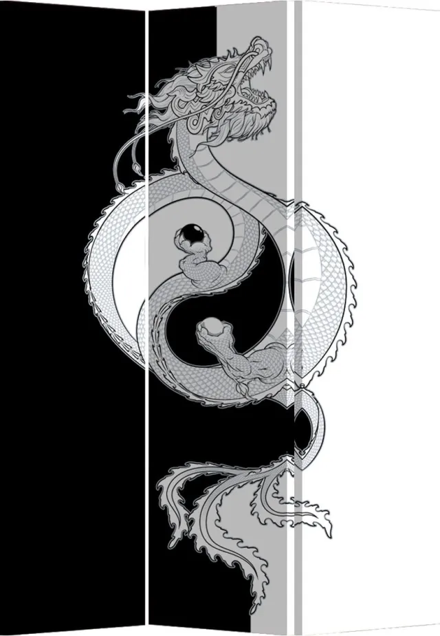 Fine Asianliving Kamerscherm Scheidingswand B120xH180cm 3 Panelen Zwart-Witte Draak Zwart, Wit