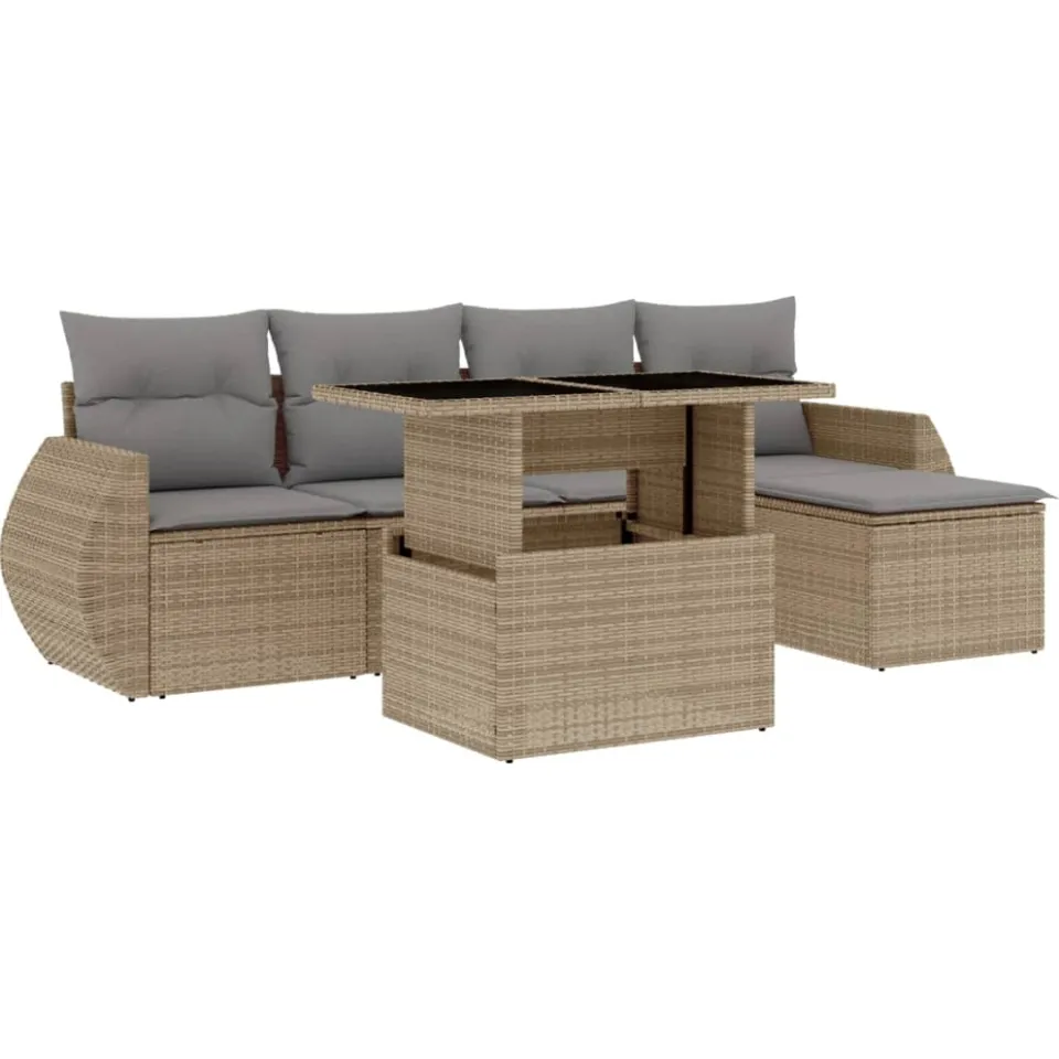 vidaXL 6-delige Loungeset met kussens poly rattan beige, foto 4