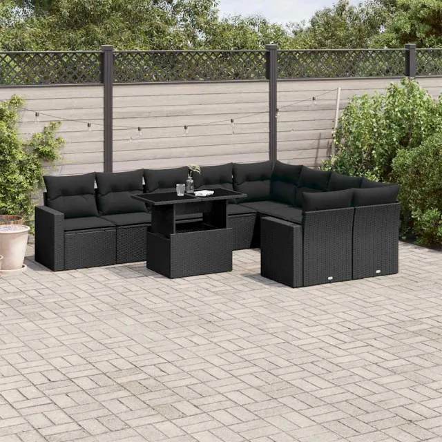 vidaXL 10-delige Loungeset met kussens poly rattan zwart, foto 2