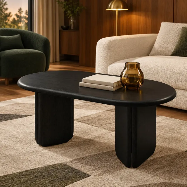 HAUSS SPOLE Salontafel - Ovaal Tafelblad Met Afgeronde Poten - Voor Woonkamer en Leeshoek - MDF Met Zwarte Houtlook - 99 x 50 x 40 cm