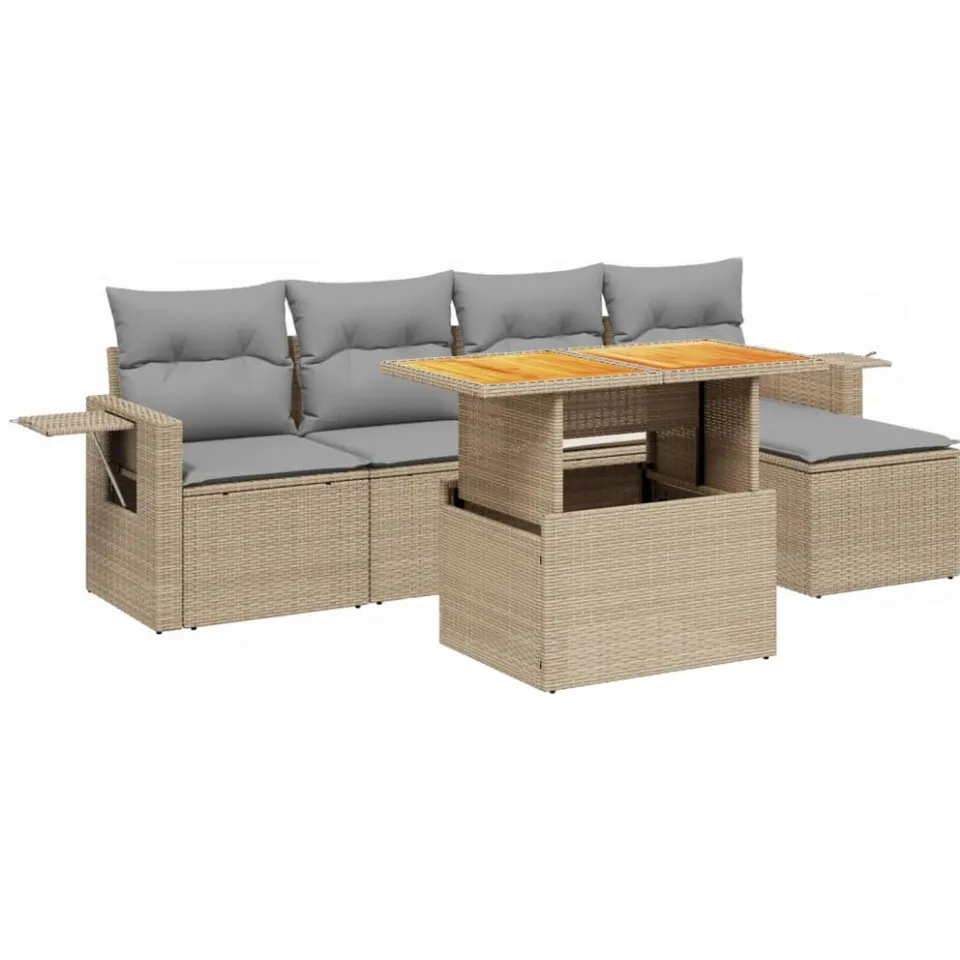 vidaXL 6-delige Loungeset met kussens poly rattan beige