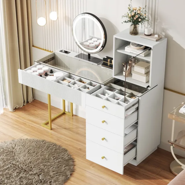 MODFU Kaptafel - Led-Spiegel En 5 Laden - Modern - MDF En Glas - Wit - 120 X 40 X 120 Cm
