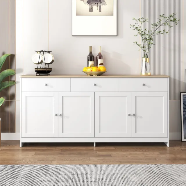MEUNIQ dressoir 160 x 37 x 75 cm met 3 lades, 4 deuren en verstelbare planken, sideboard voor woonkamer, eetkamer of keuken, wit en houtkleur White