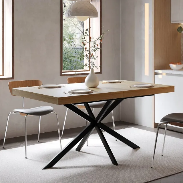 HAUSS SPOLE Eettafel - Uitschuifbaar Met Opberglade - Voor Eetkamer En Keuken - MDF En Metaal - 140-180x80x76 cm naturel