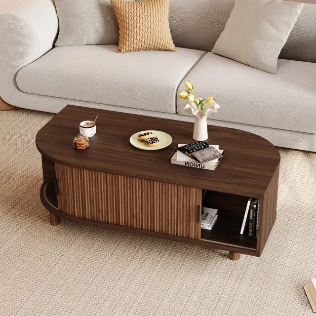 OKWISH Salontafel - 2 Schuifdeuren en Opbergruimte - Voor de Woonkamer - MDF en Spaanplaat in Walnootkleur - 100 x 50 x 35 cm