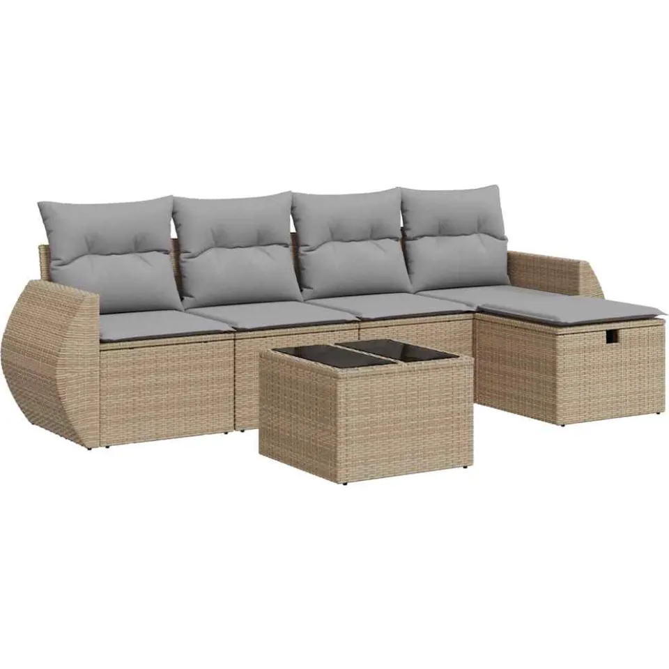 vidaXL 6-delige Loungeset met kussens poly rattan beige, foto 3