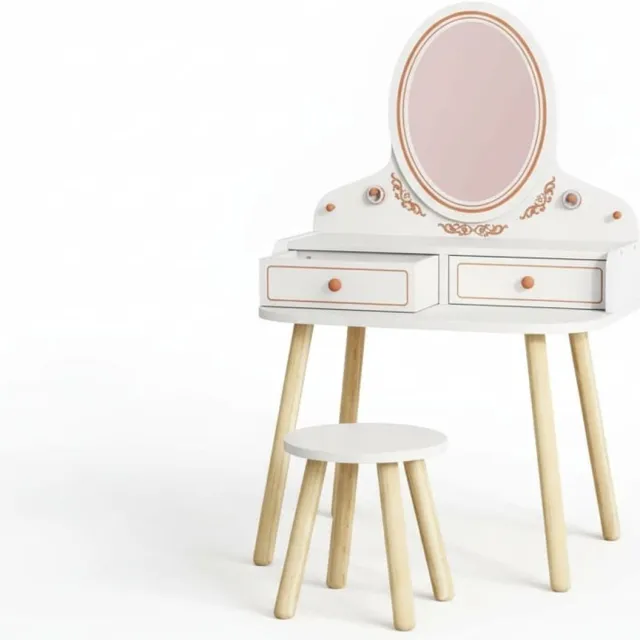 Klarven Kaptafel Kinderen - Kinderkaptafel - Meisjeskaptafel - Speeltafel Met Spiegel En Kruk - Kids Dressing Table - 2 Laden, Ovale Spiegel, Bijpassend Krukje wit met roségoud