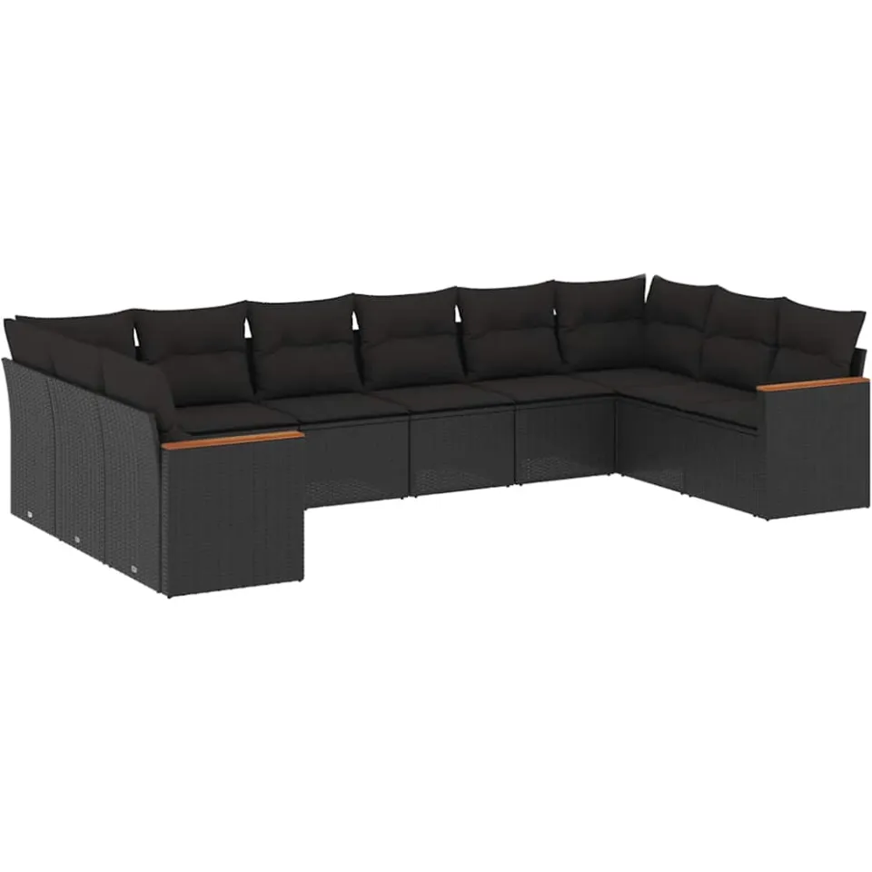 vidaXL 10-delige Loungeset met kussens poly rattan zwart