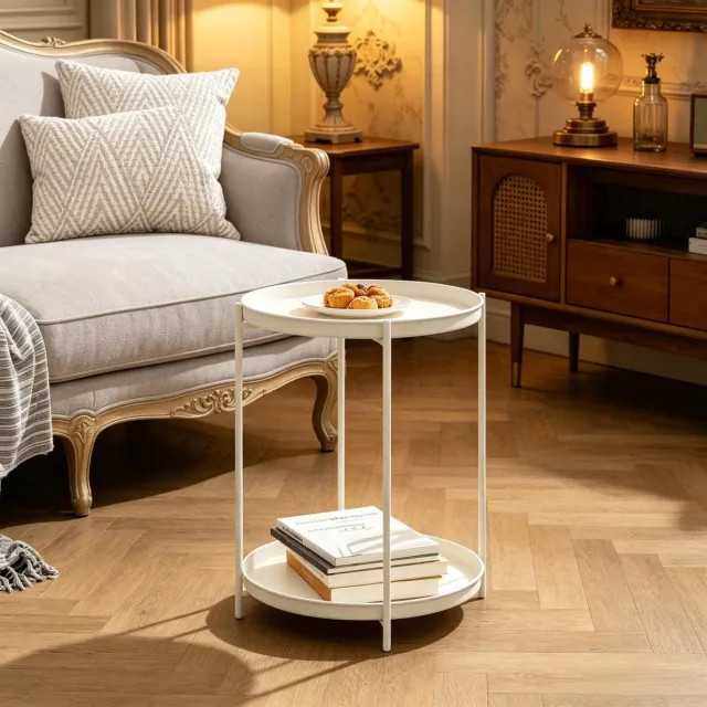 COVREO Ronde bijzettafel 44x44x53 cm crème wit, van metaal met 2 lagen Crèmewit