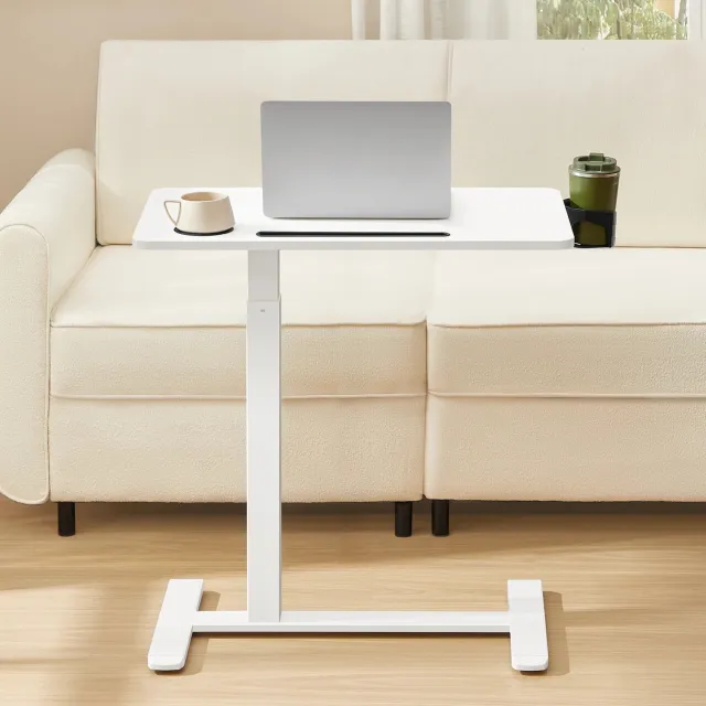 MokoHub Bijzettafel met Wielen - Mobiele Bartafel - Verstelbaar 65-102 cm Hoog - met 2 Bekerhouders - Tafelblad 70x40 cm - Wit