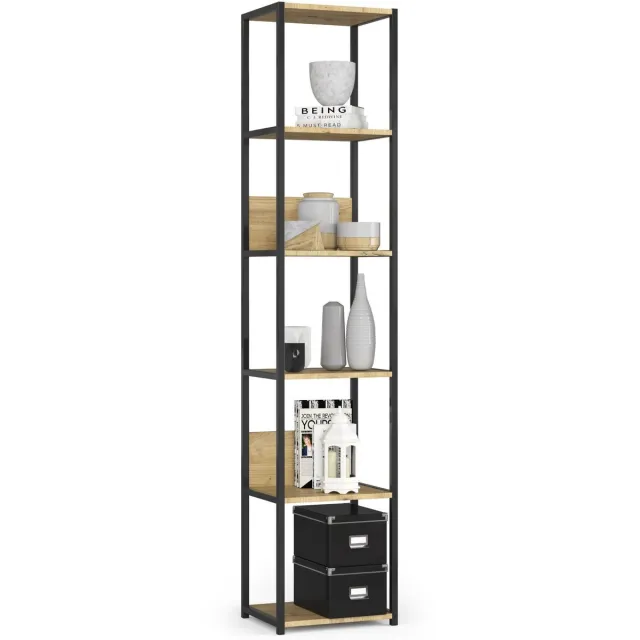 Akord Open Boekenkast, Ladderkast, Industrieel Design / Vakkenkast met 6 Planken / Opbergplank / Boekenrek Opslagrek / Zwart - Artisan Eik / 40 x 192 x 32 cm