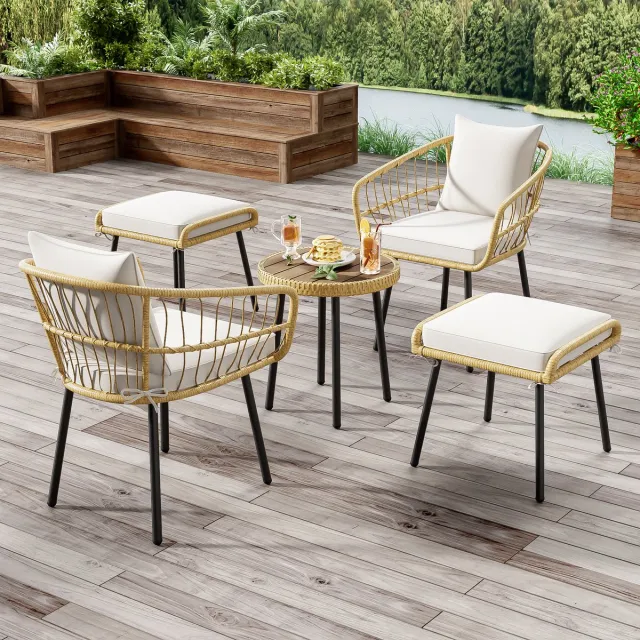 Clruro Tuinloungeset 5-Delig - Eettafel + 2 Stoelen + 2 Hockers - Rotan Meubels - Natuur Wit+Natuurlijk
