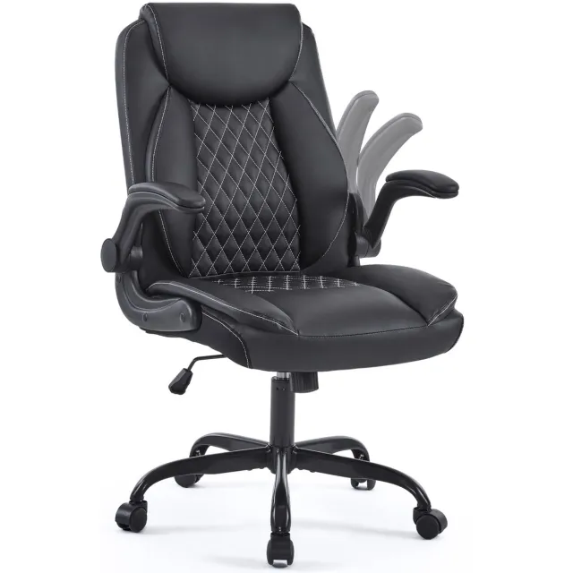 MIVRAY Bureaustoel 112 Cm - Ergonomisch Met Hoofdsteun En Opklapbare Armleuningen - Voor Thuis En Kantoor - Leer - Zwart
