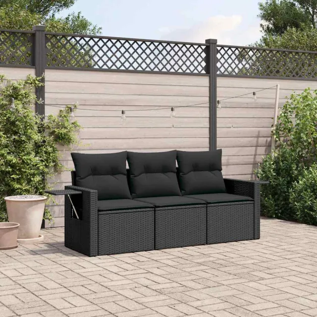 vidaXL 3-delige Loungeset met kussens poly rattan zwart, foto 2