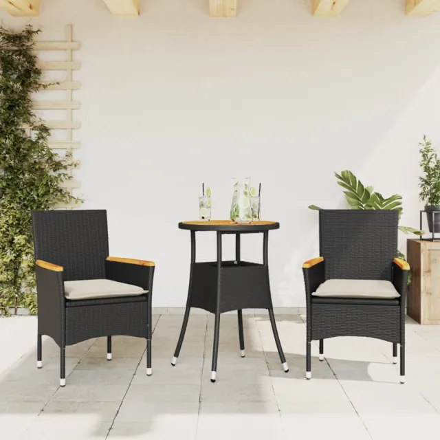vidaXL 3-delige Tuinset met kussens poly rattan en acaciahout zwart, foto 2