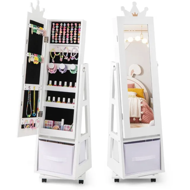 Suredeal Kaptafel - Kinder Sieradekast Spiegelkast - Volledige Lichaamsspiegel Wit - 31,5x30x122 cm - Wit
