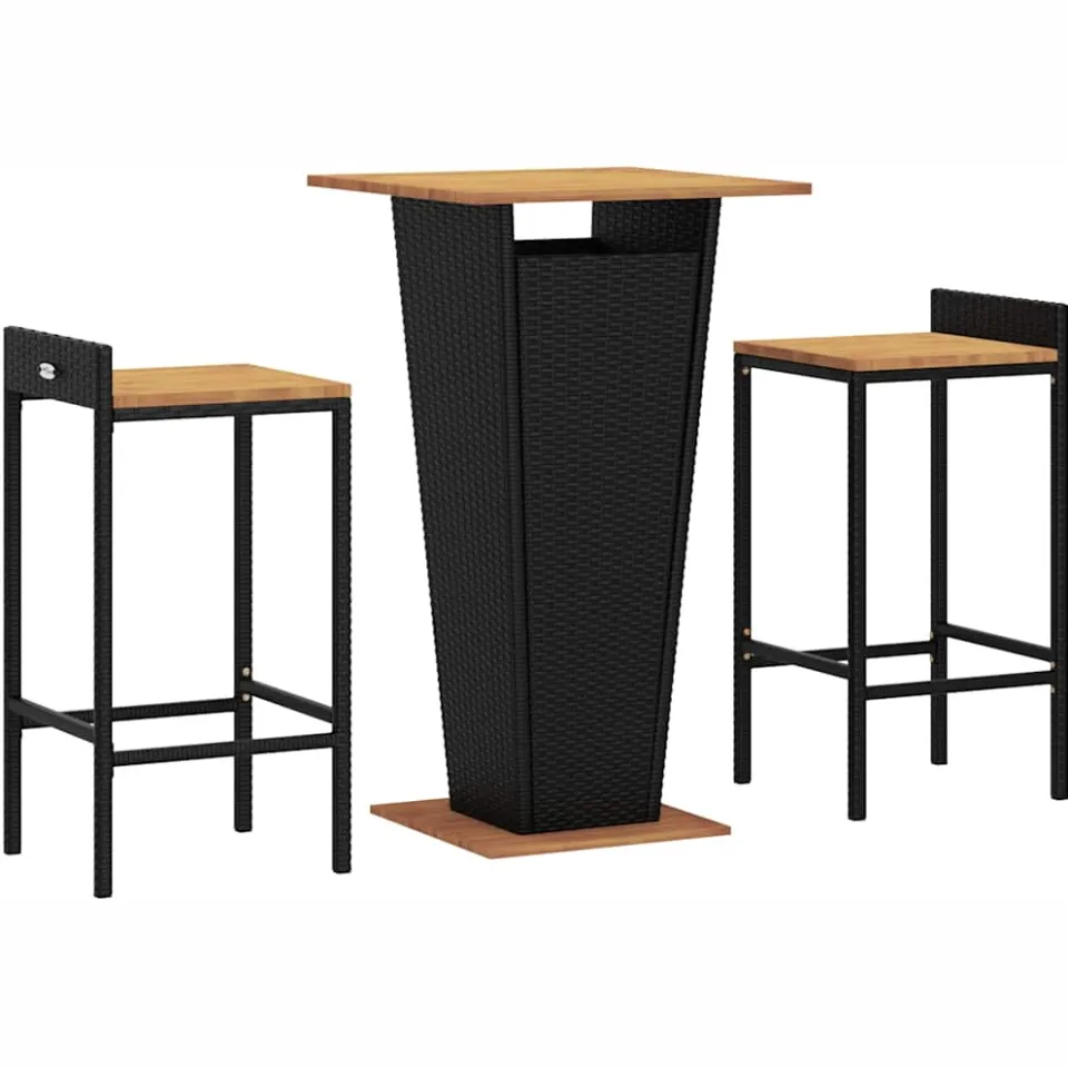 vidaXL 3-delige Tuinbarset poly rattan en massief acaciahout zwart
