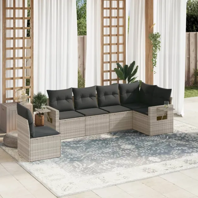 vidaXL 6-delige Loungeset met kussens poly rattan lichtgrijs grijs, foto 2
