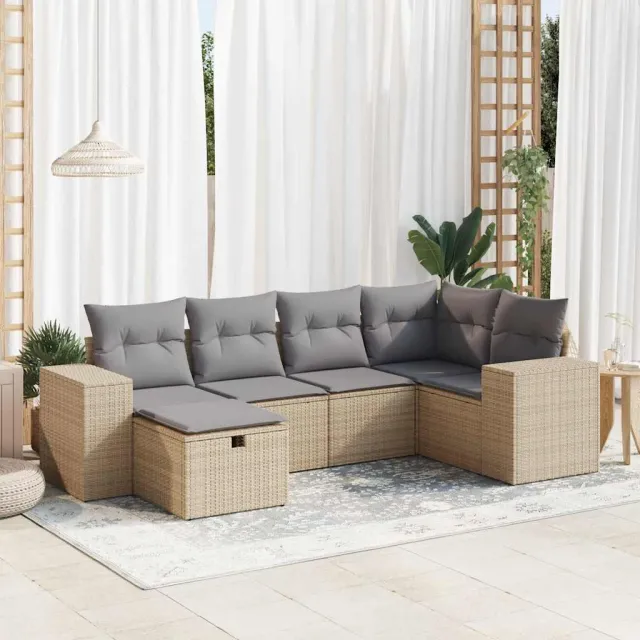 vidaXL 6-delige Loungeset met kussens poly rattan beige, foto 2