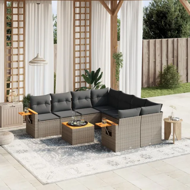 vidaXL 9-delige Loungeset met kussens poly rattan grijs, foto 2