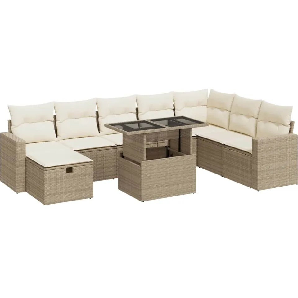 vidaXL 9-delige Loungeset met kussens poly rattan beige, foto 3