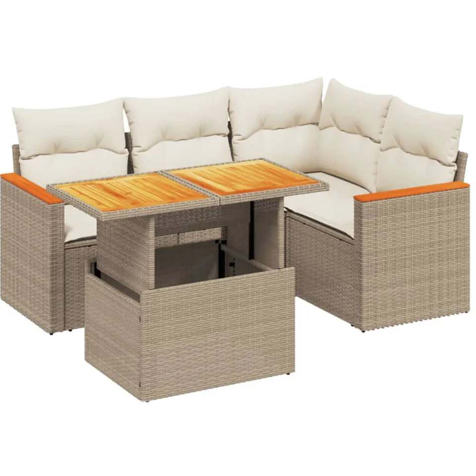 vidaXL 5-delige Loungeset met kussens poly rattan beige, foto 3