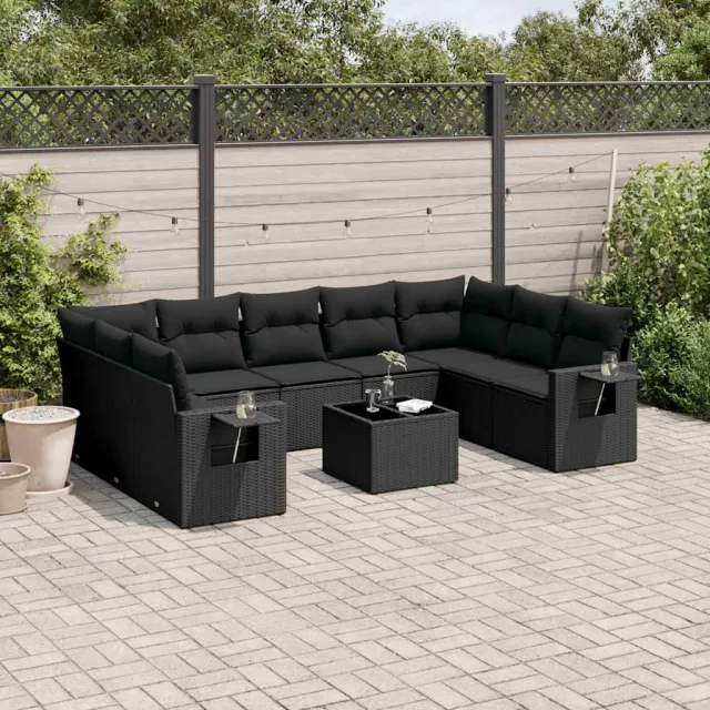 vidaXL 10-delige Loungeset met kussens poly rattan zwart, foto 2