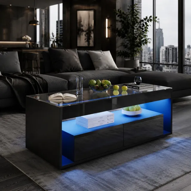 MEUNIQ Moderne rechthoekige salontafel 100 x 50 x 40 cm met LED-verlichting, glasblad, 2 lades en open vakken voor woonkamer, zwart