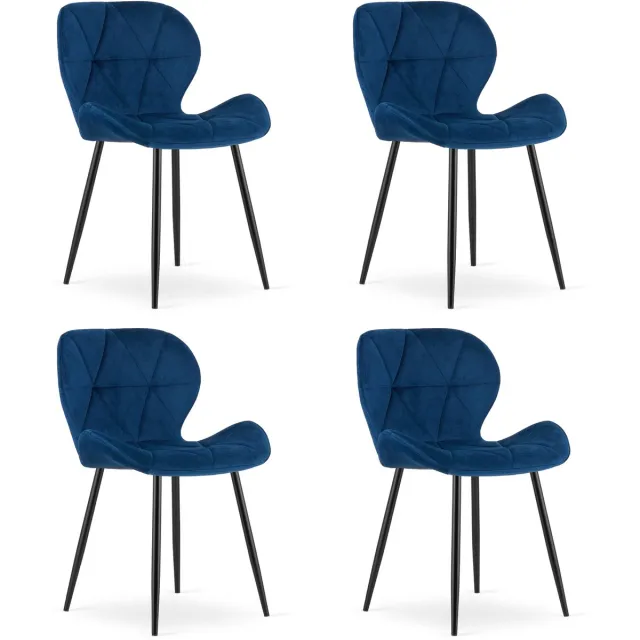 LEOBERT Set van 4 eetkamerstoelen MANGO – Donkerblauw fluweel – Zwarte poten – Modern design Blauw/Zwart