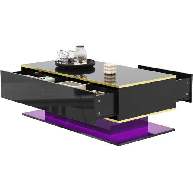 Clruro Moderne LED Salontafel - Hoogglans - 100 cm - Gouden Afwerking - 3 Laden - USB-LED-Lichtstrip - MDF - Zwart