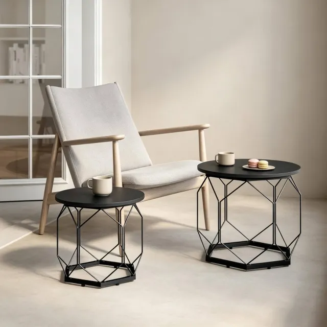 REDOM Bijzettafel set van 2 - Afneembaar tafelblad - Open opbergruimte - Rond - Woonkamer - Hout en metaal - Zwart - 50 x 50 x 45 cm