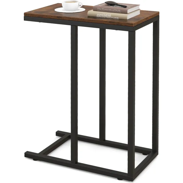Costway Bijzettafel C-vorm, banktafel met metalen frame, koffietafel voor woonkamer, slaapkamer, kleine ruimtes, salontafel voor bank en bed, laptoptafel, 45,5 x 25,5 x 64 cm (bruin)