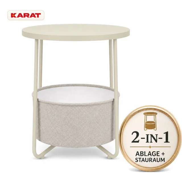 Floordirekt Bijzettafel Luca - Ronde Tafel met Stoffen Opbergmand - Ø 45 x 50 cm - Natuurlijk beige