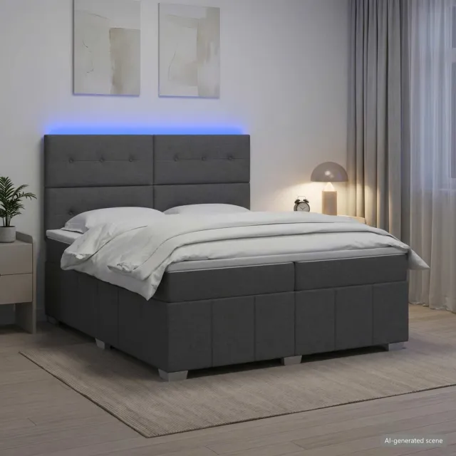 vidaXL LED Boxspring Bed met Matras Donkergrijs 200 x 200 cm Stof